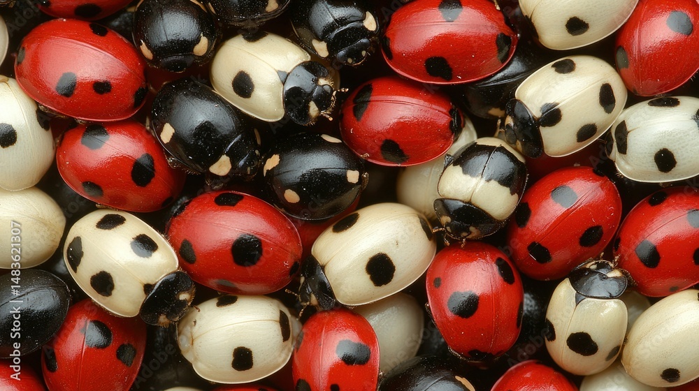 Close-up of a Collection of Ladybugs with Red, Black, and White Shells Close-up of a Collection of Ladybugs with Red, Black, and White Shells