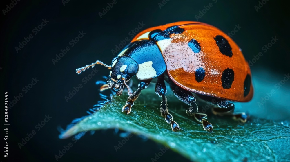 Obraz premium Vibrant Ladybug on a Dew-Covered Leaf - Macro Photography