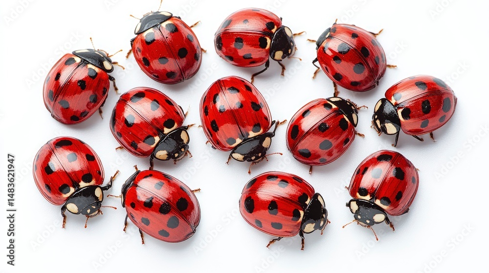 Fototapeta premium A Gathering of Ladybugs Close-Up of Red and Black Ladybirds on White Background