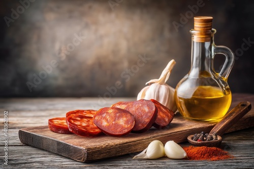 Close-up of sliced Spanish chorizo on a rustic wooden board, with smoked paprika, garlic cloves, and olive oil surrounding it, shot in warm, moody lighting.