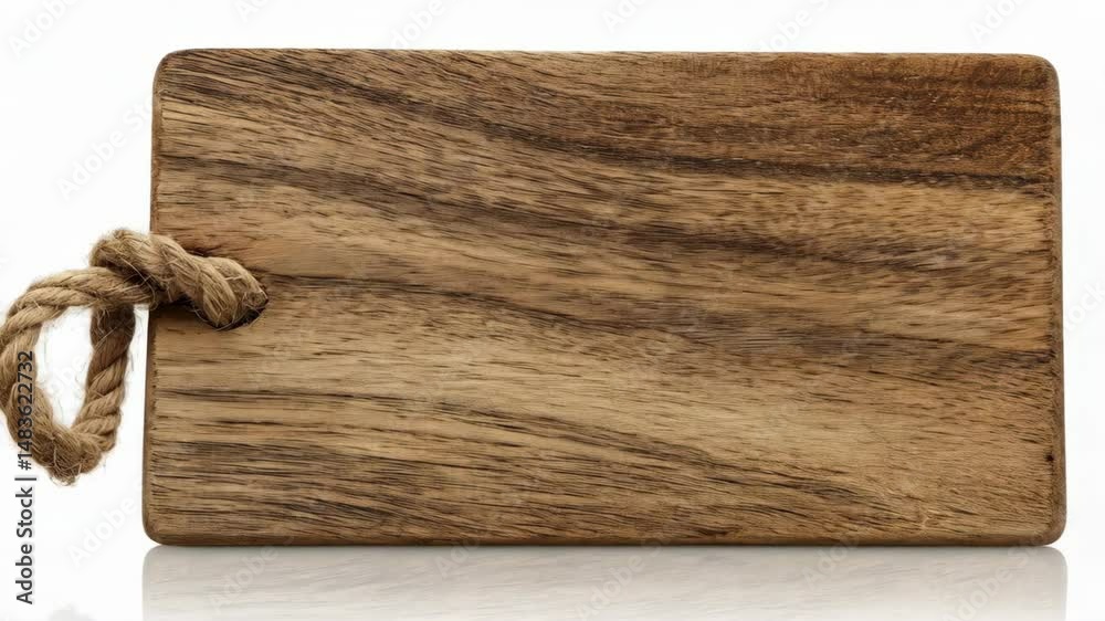 Rectangular wooden cutting board, brown grain, rope handle, food preparation, white background, neutral tones, kitchenware, flat surface reflection.