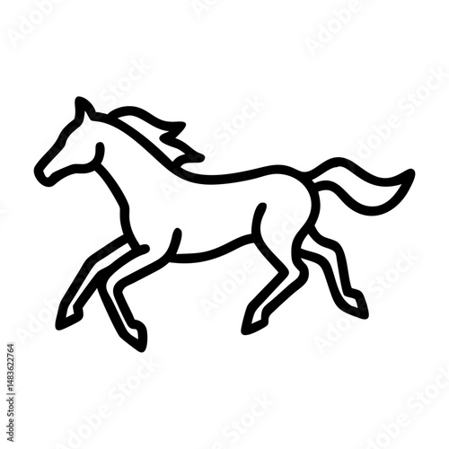 Minimalist black outline vector icon of a galloping horse, symbolizing animals, speed, freedom, and nature in a clean and dynamic design.