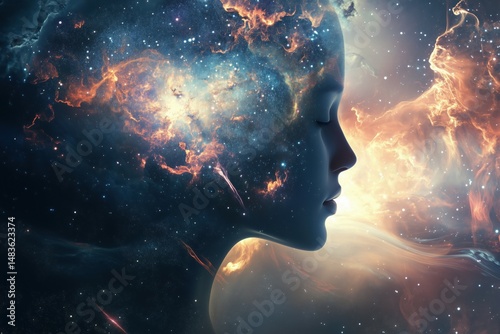 A conceptual image of a human head silhouette filled with swirling galaxies, nebulae, and intricate neural networks.