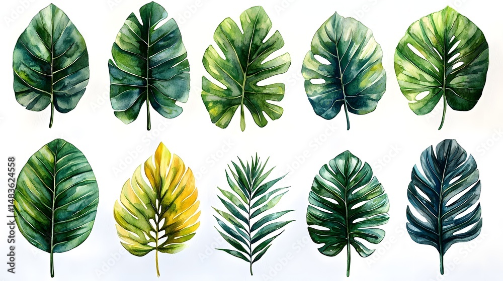 Fototapeta premium Tropical Palm Leaves in Watercolor on White Background