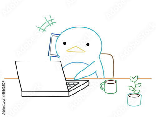 リモートワーク中にスマホで通話をするペンギン　カラー線画