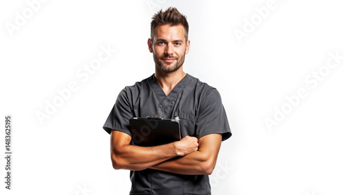Confident Male Healthcare Professional in Scrubs Holding Clipboard, Studio Shot