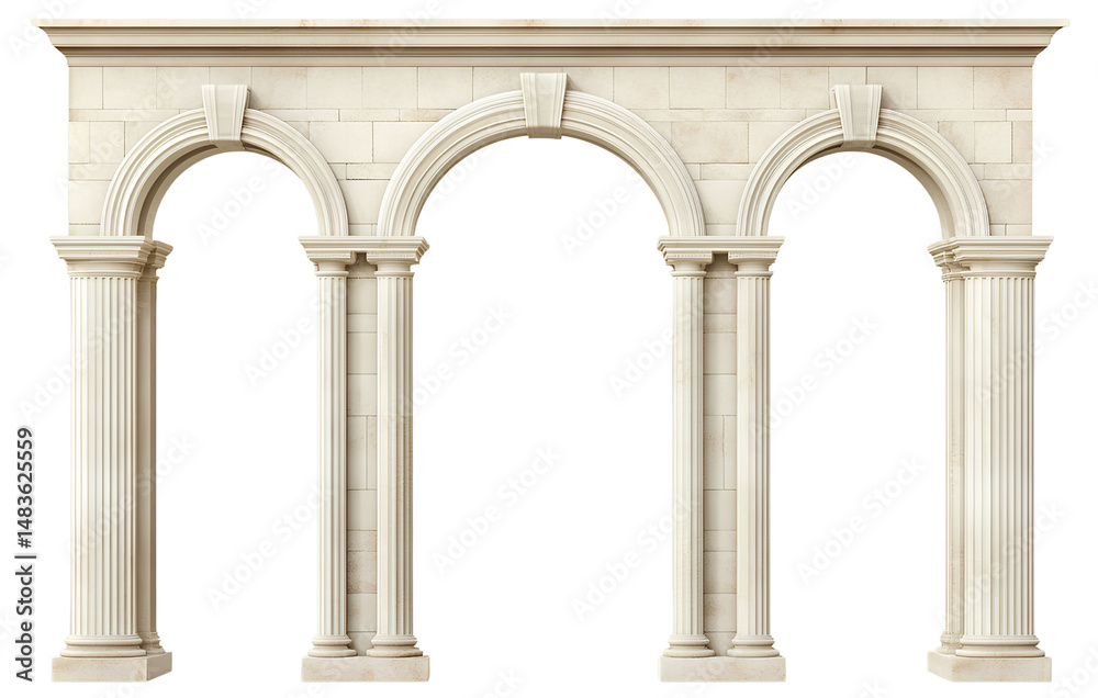 Obraz premium An arched wall with columns, in a beige color, isolated on a transparent background