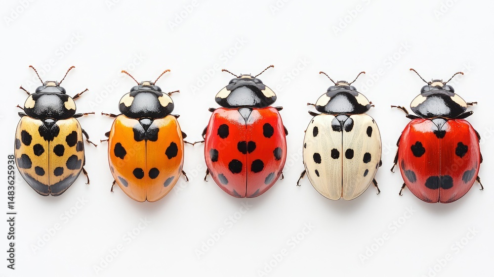 Obraz premium Five Ladybugs in a Row Diverse Color Variations