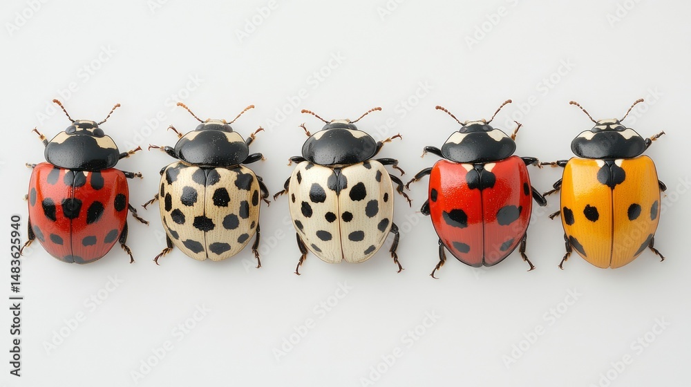 Fototapeta premium Four Ladybugs of Different Color Variations in a Row on White Background