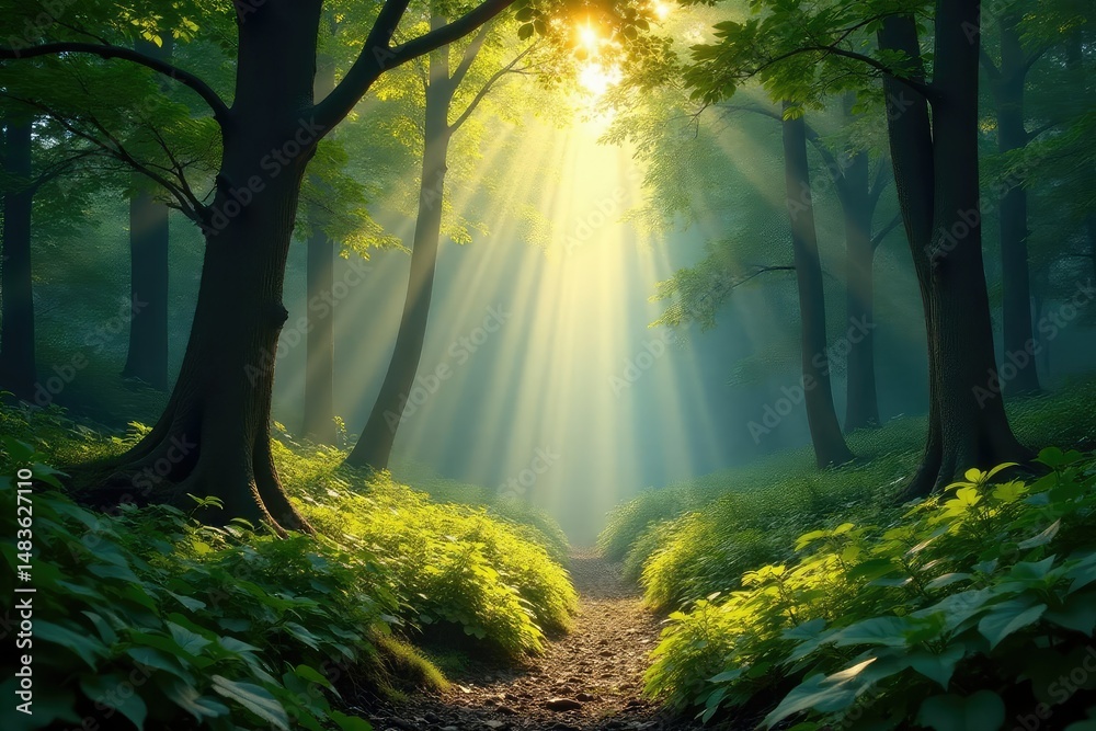 Obraz premium Sunbeams pierce dense canopy, lush undergrowth, branches, summer