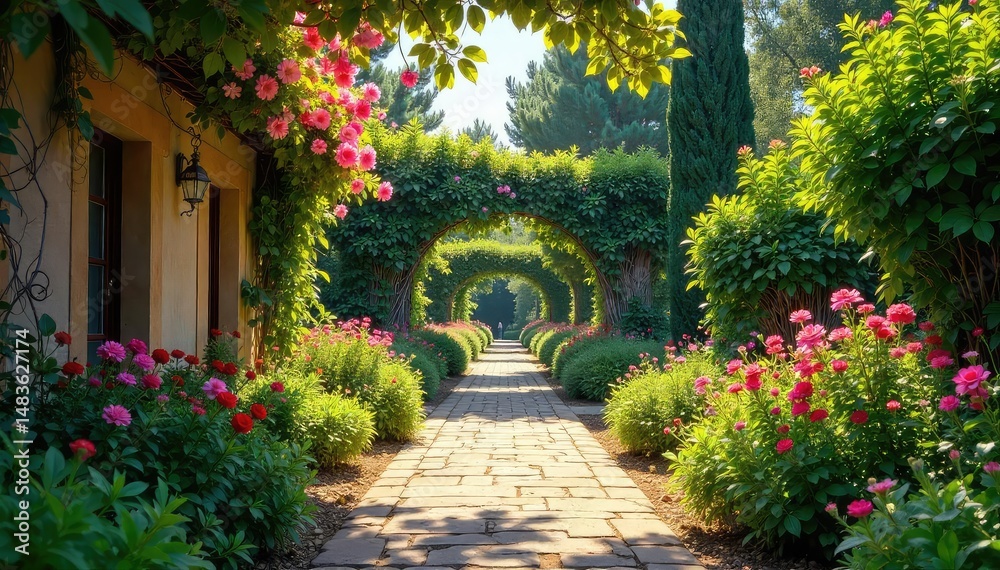 Fototapeta premium Sun-drenched Andalusian garden bursting with vibrant flowers and lush greenery , sunlight, vibrant colors, blooming
