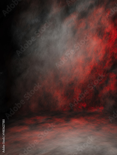 Red and grey smoke filling a dark room background