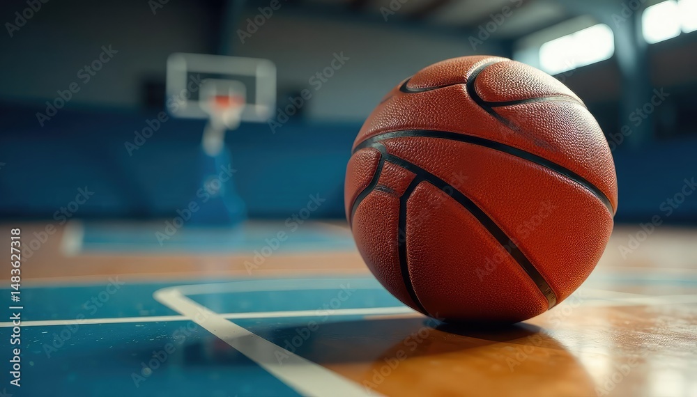 Fototapeta premium Close-up basketball on court, net in background, sports, gym, wood