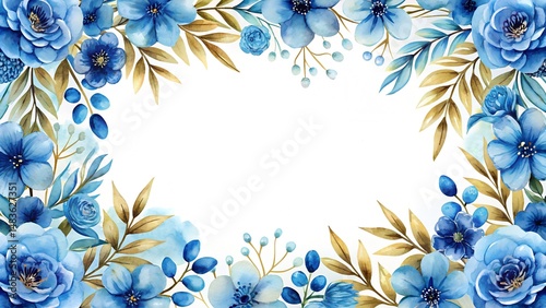 Blue watercolor floral frame background vector with a golden border on a white background, blue flowers decoration for a wedding invitation and card design template illustration	
