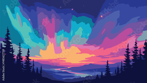 Night sky with polar lights, Vector Illustration