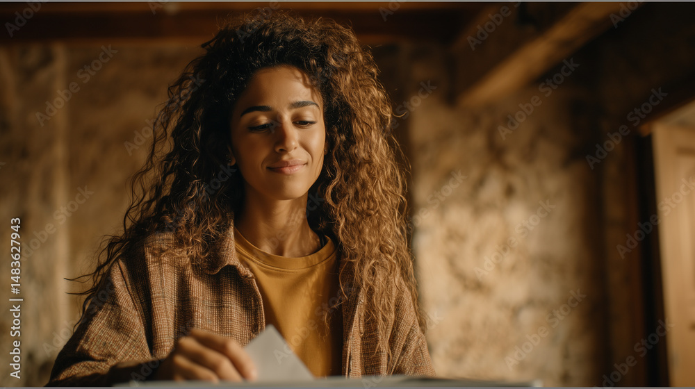 Fototapeta premium Young woman smiles while sorting through documents in a cozy, rustic room during the afternoon hours