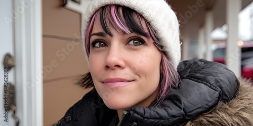 woman in her thirties, with short dark hair featuring pink highlights and bangs, wearing a white beanie, a puffy jacket photo