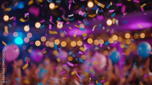 Joyful festive party atmosphere with dancing and colorful lights