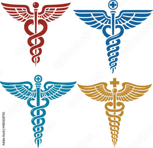 Caduceus Medical Symbol – Black and White Vector Illustration of Winged Staff with Snakes

