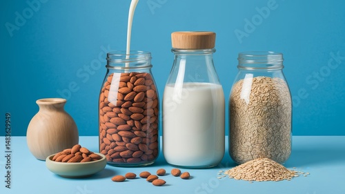 Professional Studio Photography of Homemade Plant-Based Milk Making Process with Glass Jars of Almonds, Oats and Pouring Milk Against Serene Light Blue Background