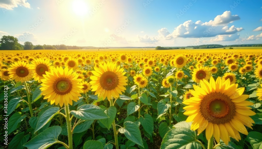 Fototapeta premium Vast field of sunflowers blooming under a bright summer sky , farm, summer, growth