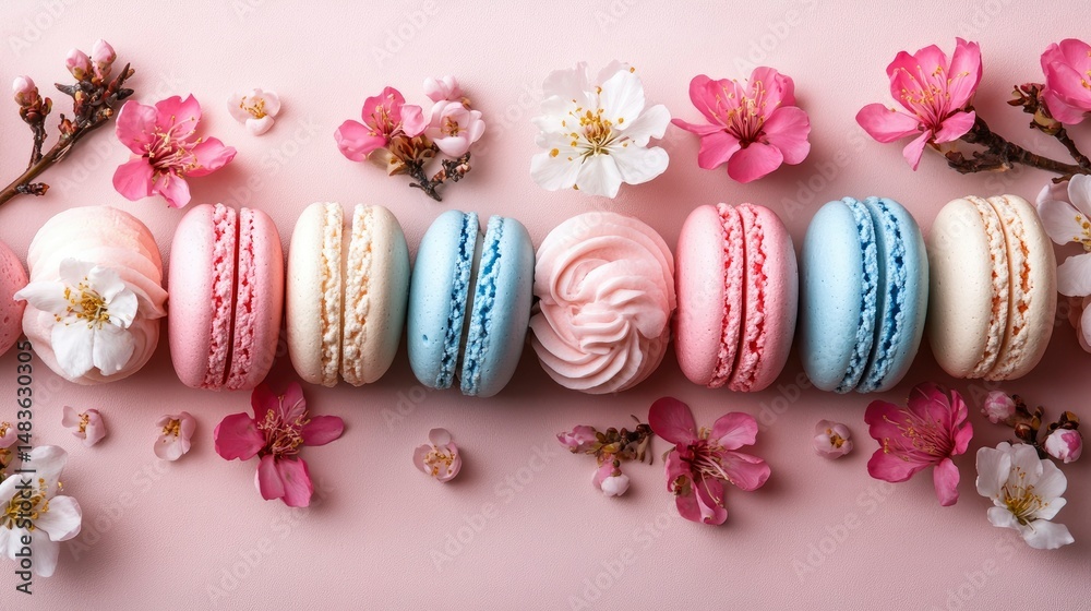 Delicate Pastel Macarons and Cherry Blossoms on Pink Background