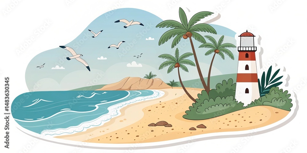 Obraz premium Tropical Beach Lighthouse Illustration, Palm Trees, Ocean, Seascape, Sticker Design. Beach, Lighthouse