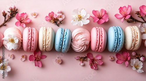 Obraz na płótnie Delicate Pastel Macarons and Cherry Blossoms on Pink Background w salonie