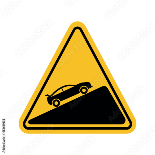 steep hill road warning sign, triangular caution marker with car ascending incline
