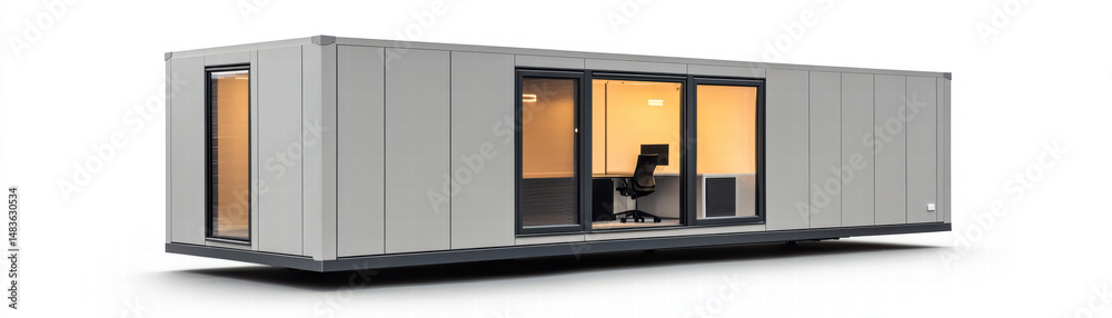 Fototapeta premium Modern Container Office: A sleek, light gray shipping container converted into a modern and functional office space, complete with large windows and comfortable interior.