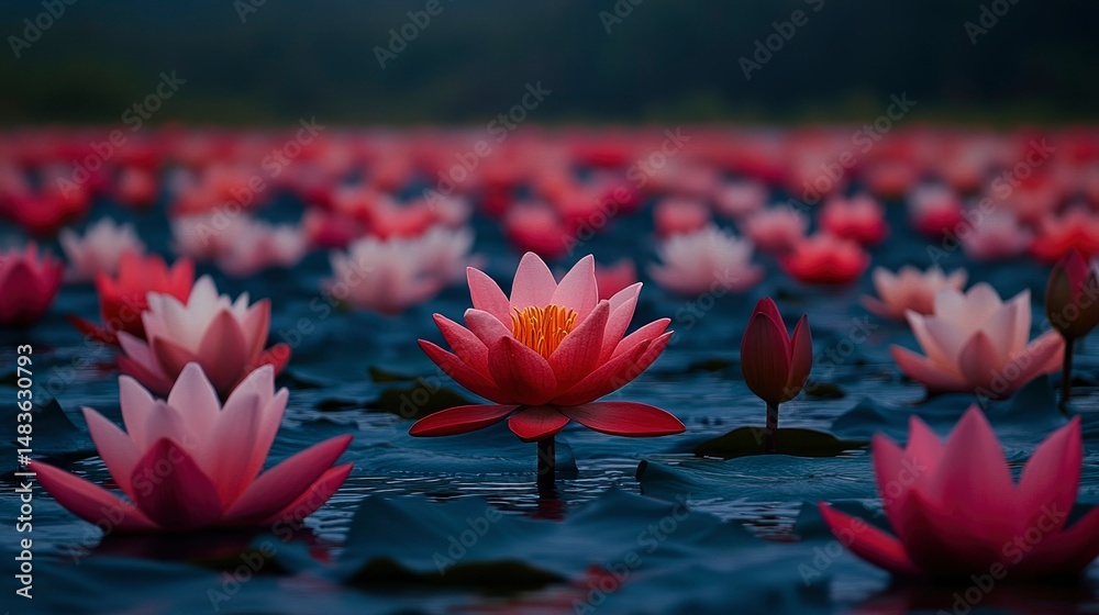 Serene Sunset A Field of Pink and Red Water Lilies