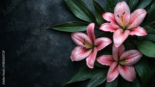 Obraz na płótnie Elegant Pink Lilies on Dark Background - Floral Design for Sympathy, Wedding, or Spa w salonie