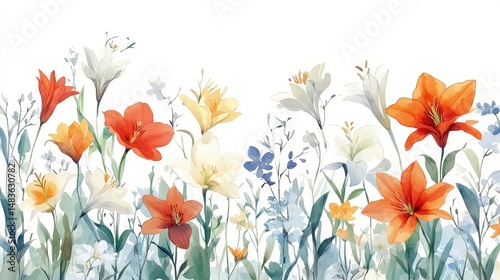 Obraz na płótnie Watercolor Wildflower Meadow Vibrant Orange and White Floral Border w salonie