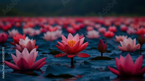 Obraz na płótnie Serene Sunset A Field of Pink and Red Water Lilies w salonie