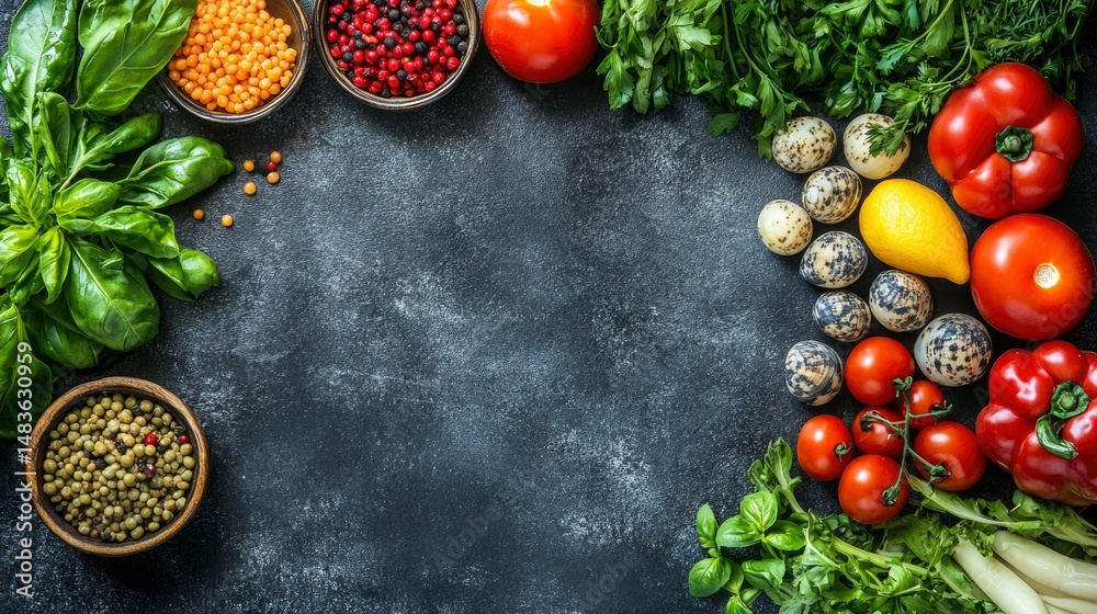 Vibrant Frame of Fresh Vegetables, Herbs, and Spices on Dark Background