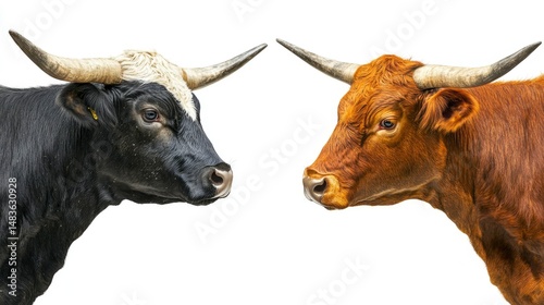 Obraz na płótnie Majestic Longhorn Cattle Face-Off Black and Red Bulls Isolated on White w salonie
