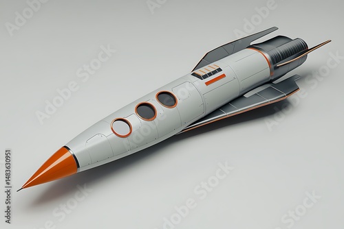 Modern Spacecraft with Orange Tip, Gray Wings, and Circular Windows on White Surface photo