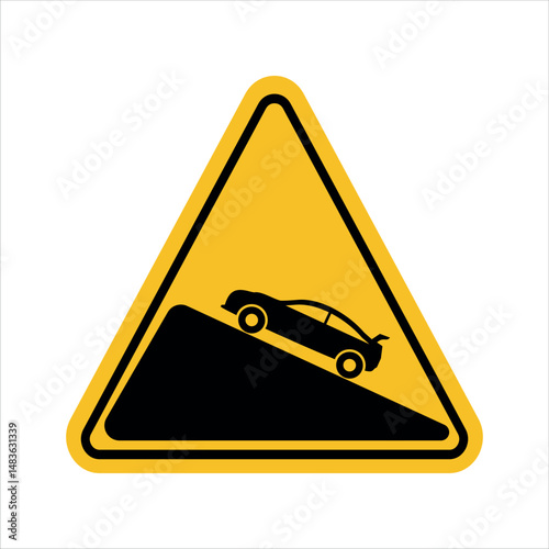 yellow triangular road sign indicating steep incline with car silhouette, cautionary traffic symbo