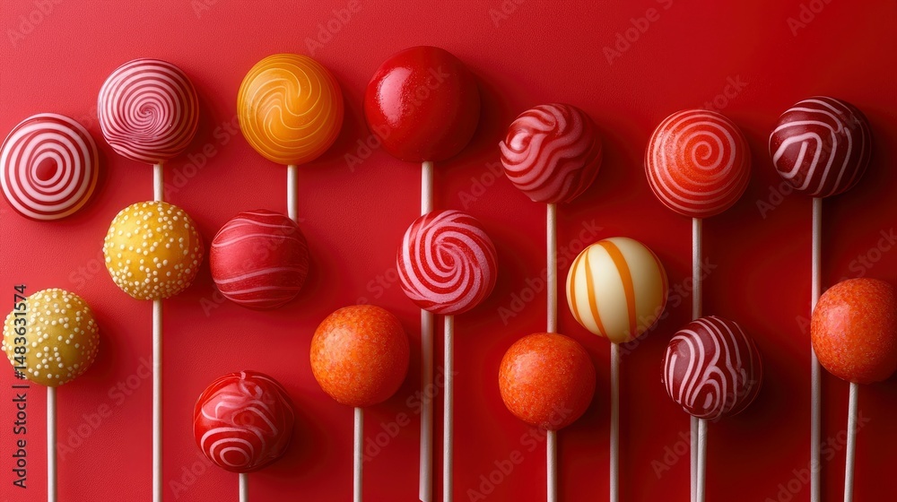 Colorful Swirl Lollipops on Red Background