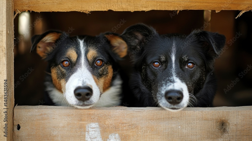 Two Dogs Peeking from Wooden Kennel