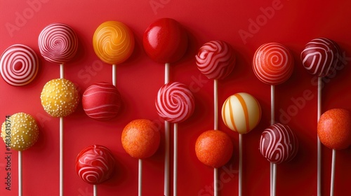 Colorful Swirl Lollipops on Red Background