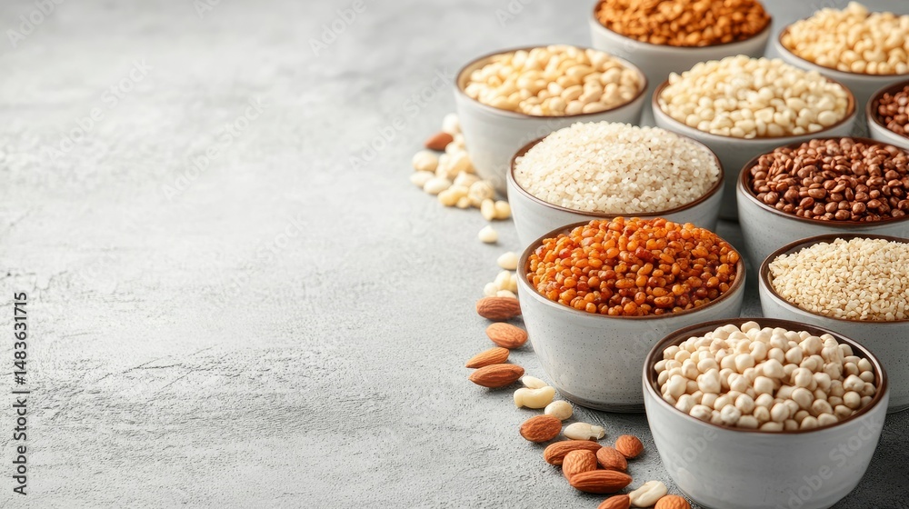 Assortment of Grains and Nuts in Bowls on Grey Background