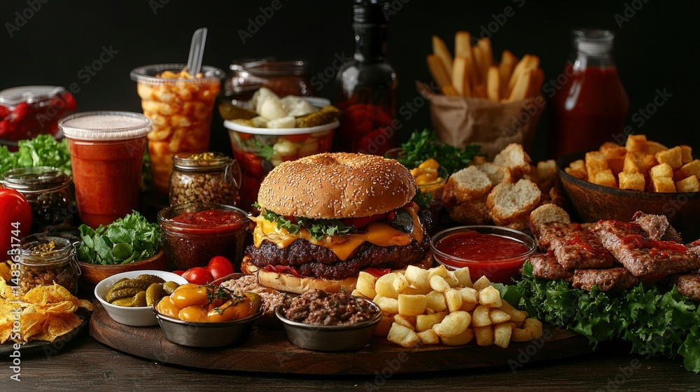 Delicious Gourmet Burger Feast A Table of Junk Food and Appetizers