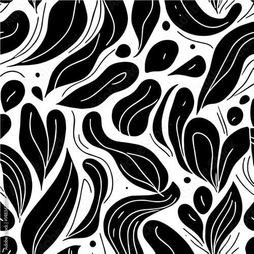 Minimalist organic pattern, flowing hand-drawn shapes with smooth curves and soft irregular edges, black and white seamless texture, perfect for modern branding, packaging, and background design