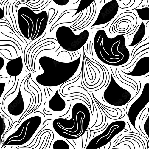 Minimalist organic pattern, flowing hand-drawn shapes with smooth curves and soft irregular edges, black and white seamless texture, perfect for modern branding, packaging, and background design