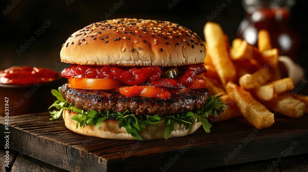 Juicy Beef Burger with Roasted Red Peppers, Fries, and Ketchup