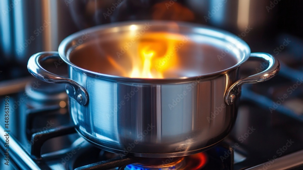 Stainless Steel Pot Boiling on Gas Stove with Flames