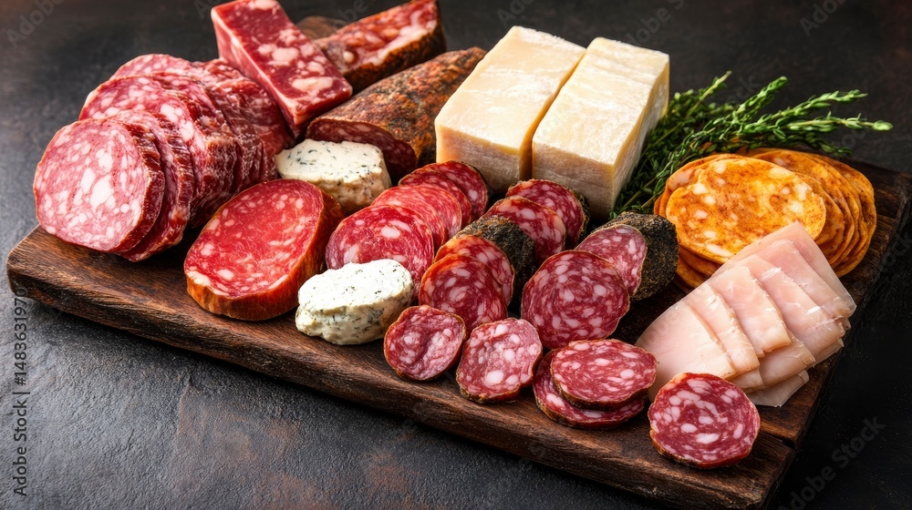 Delicious Charcuterie Board with Assorted Salamis, Cheeses, and Meats