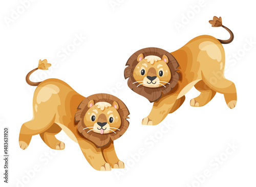 Vector clipart of two funny lions on white background, designed in a simple and adorable style perfect for children's products, nursery decor, or educational materials
