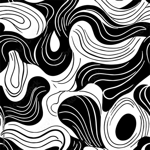 Minimalist organic pattern, flowing hand-drawn shapes with smooth curves and soft irregular edges, black and white seamless texture, perfect for modern branding, packaging, and background design